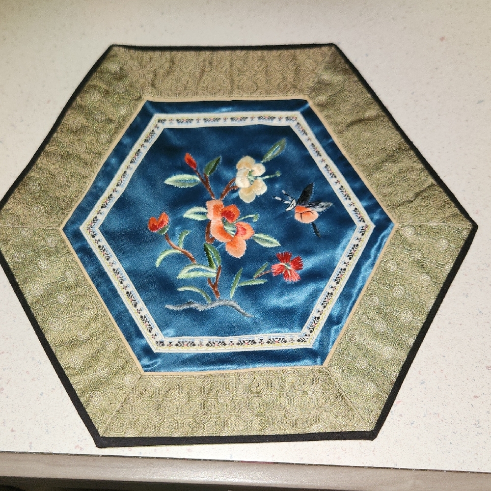 Embroidered Hexagon Silk Table Mat with Floral & Bird Motif - Blue & Gold